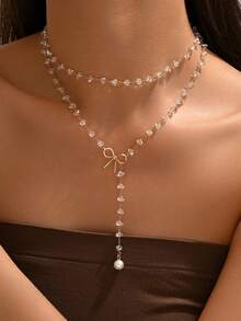 2pcs Minimalist Asymmetric Crystal Necklace, Fashion Layered Bowknot Decor Necklace, Suitable For Daily Wear, Date, Party And Music Festival. Adjustable Chain Length - White - View 1
