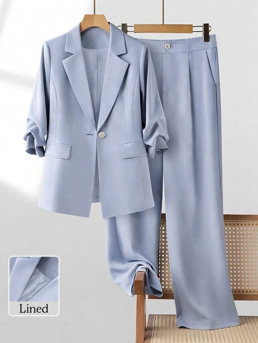 Women's Spring/Summer Light Commute Pleated Design 3/4 Sleeve Loose Single-Breasted One-Button Blazer With Real Pockets And Long Pants Set Fall - Dusty Blue - View 1