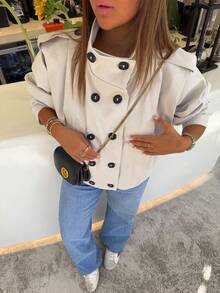Women's Solid Color Fabric Front Button Jacket, College Style, Daily, Airport, Travel, Autumn/Winter - Apricot - View 3