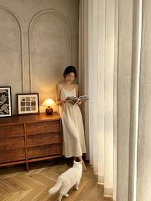 1pc Beige Wavy Pattern Modern Linen Material Curtain - Vintage Linen Style, Rod Pocket Design, Suitable For Living Room And Bedroom - Transparent And Light Filtering Curtains, Living Room Curtains, Bedroom Curtains (Tie Backs Not Included) - Multicolor - View 3