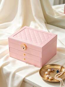 1pc Large Capacity Diamond Drawer Jewelry Box, White Green Color Block Black Optional, Top Layer Necklace Hooks Ring Slots Earring Board, Bottom Layer Drawer Compartments, Lockable Dust-Proof, Vanity Storage Watch Slot, Anti-Oxidation, Necklace Hooks, Home Use Zipper - Multicolor - View 13