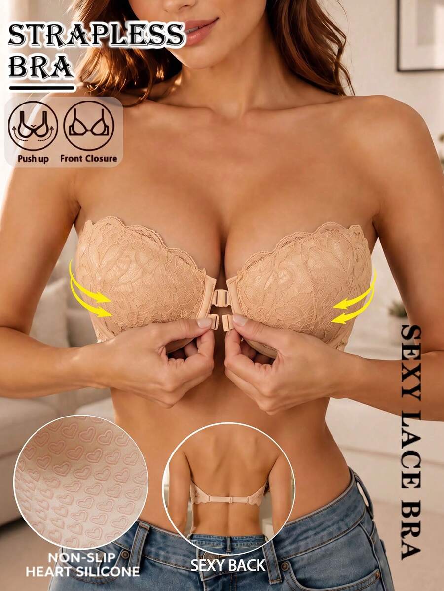 Women's Strapless Front Closure Lace Push-Up Underwire Bra, Backless Non-Slip Bandeau Lingerie, Heart-Shaped Cup Bra And Panty Set - Apricot - View 1