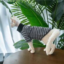 All-Season Blue Grey Striped High Neck Cat T-Shirt, Devon Rex, Sphynx, Pet Clothing Belly Protection Anti-Shedding - Navy Blue - View 6