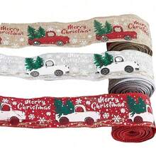Wired Christmas Linen Ribbon, Christmas Tree Snowflake Truck Print Fabric Ribbon, Large Roll Ribbon For Sewing DIY Handmade Gift Wrapping, Christmas Wreath Making And Holiday Decoration Supplies - Multicolor - View 1