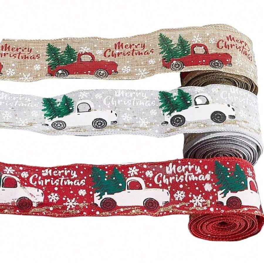 Wired Christmas Linen Ribbon, Christmas Tree Snowflake Truck Print Fabric Ribbon, Large Roll Ribbon For Sewing DIY Handmade Gift Wrapping, Christmas Wreath Making And Holiday Decoration Supplies - Multicolor - View 1