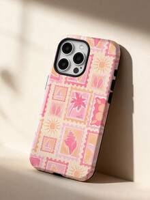 1pc Beach Resort Style Simple Art Stripe Stamp Collage Sun Coconut Tree Starfish Conch Pattern Glossy 2-In-1 Film Case Full Coverage Hard Phone Case Compatible With Iphone 11/12/13/14/15/16/17/18 Pro Max - Multicolor - View 2
