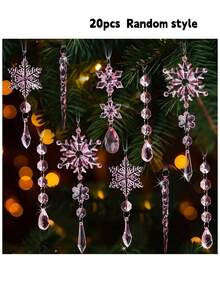 1/20pcs Set Christmas Tree Decorations, Transparent Blue & Pink Snowflake Ice Cube Acrylic Christmas Gift Hanging Pendants, Suitable For Party Holiday Home Decor, Halloween Decoration - A - View 10