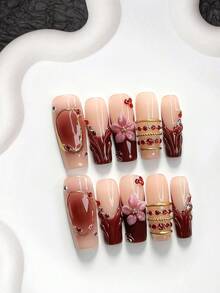 10片裝復古魅力手工穿戴甲，Polygel美甲套組，水鑽紅黑指甲油，溫柔風格，含美甲工具，3種尺寸可選，杏仁/鴨嘴/棺材形，適合派對、跳舞、日常配戴（手工細節可能有所不同） - 彩色 - 查看 4