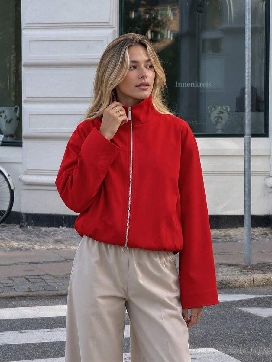 Women Stand Collar Zip Up Long Sleeve Solid Cropped Jacket, Casual Loose Outerwear - Red - View 1
