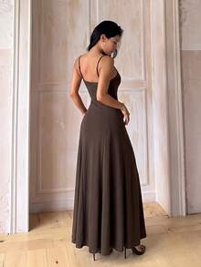 Women's Casual V-Neck Spaghetti Strap Maxi Dress, Flowy Flared Swing Long Party Gown For Birthday, Vacation, Holiday Events, Brown - Brown - View 3