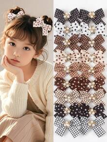 8pcs Random Maillard Color Textured Bow, Plaid, Flower Print Contrast Color Barrettes, Retro French Side Clip Bangs Clips, Cute Girl Hair Accessories For Daily Wear & Party - Multicolor - View 1