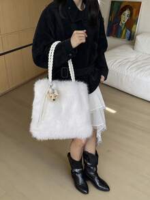 Women's Plush Tote Bag, Highly Attractive Shoulder Handbag, Fuzzy Fashionable Stylish Handbag - White - View 6