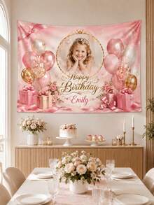 Personalized Photo Birthday Tapestry, Customized Name Pink Balloon Wall Hanging, Smooth Polyester Fabric Party Backdrop, Suitable For Bedroom, Living Room, Birthday Celebration, Family Gathering, Photo Booth Decoration, Commemorative Gift - Multicolor - View 3