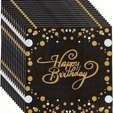 20pcs Black Disposable Napkins With Gold "Happy Birthday" Pattern, 2-Ply Paper Napkins For Wedding, Anniversary And Christmas Themed Party - View 4
