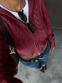 Senya Autumn/Winter New Vintage Oversized Lapel Double Zipper Cable Knit Cardigan, Short Length For Daily Commute Fall - Burgundy - View 4