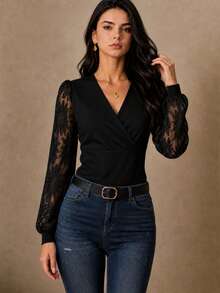 Women's Black V-Neck Knit Top With Sheer Lace Bishop Sleeves - Black - View 5