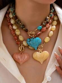 1/3pcs Chunky Heart Necklace, Vintage Multicolor Exaggerated Style, OT Clasp Women's Jewelry Gift - Multicolor - View 4