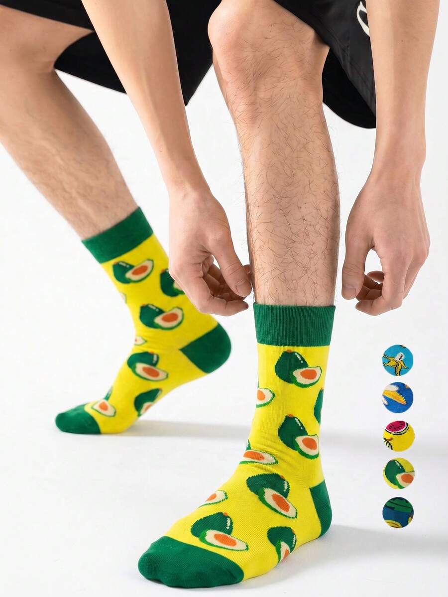 1/5/10 Pairs Men's Mid-Calf Socks, Funny Avocado Cartoon Unisex Sports Style Long Socks, Crazy Happy Socks - Multicolor - View 1