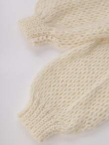 GLAMMY Minimalist Slouchy Chunky Knit Hollow Out Spring/Autumn French Relaxed V-Neck Lantern Sleeve Chunky Knit Hollow Out Design Daily Street Commute Versatile Slouchy Outerwear Solid Color Ribbed Home - Beige - View 9