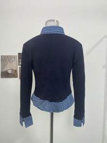 Women's Preppy Style 2 In 1 Polo Collar Long Sleeve T-Shirt, Layered Slim Fit Base Layer Top - Blue - View 7