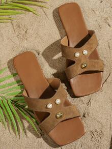 Women's Brown New Faux Suede One-Strap Sandals, Square Toe Hollow Strap Design With Pearl And Metal Rivet Decor, Flat Slip-On Bohemian Style Beach Vacation Slippers - Brown - View 7