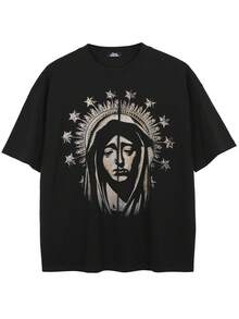 Tiny Spark Retro Streetwear Black Tee Shirt Vintage Graphic Virgin Mary Punk Metal Style - Black - View 2