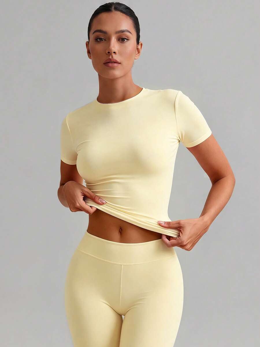 XLLAIS Women's Casual Slim Fit Solid Color Short Sleeve Round Neck T-Shirt, Yellow, Summer - Mustard Yellow - View 1