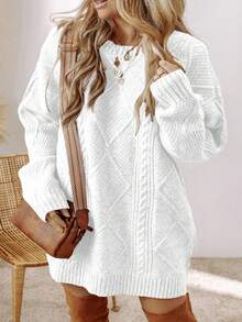 Acelitt Autumn/Winter Plus Size Women's Solid Color Knit Textured Cold Shoulder Plus Size Sweater Dress - White - View 5