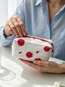 Tas Kosmetik Motif Bunga Merah Shiseido, Tas Organizer Makeup Perjalanan Portabel Tahan Lama, Tas Penyimpanan Serbaguna, Ideal untuk Penggunaan Sehari-hari, Hadiah Liburan SHISEIDO-GIFT-10 - Merah - View 5