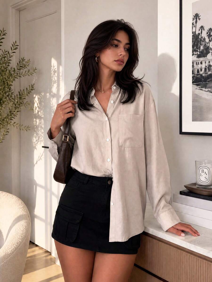 女款休閒寬鬆前扣長袖襯衫,適合春秋穿著,棕色 - 棕色 - 查看 1