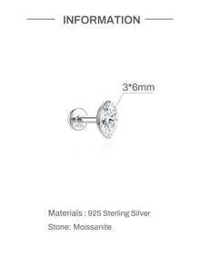 1pc Moissanite 925 Sterling Silver Marquise Shape 3/4/5/6/7mm Threaded Flat Back Piercing Stud Earrings, Suitable For Helix Cartilage, Wedding Gift - Silver - View 14
