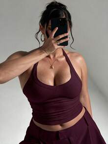 Plus Size Sexy Minimalist Ribbed Spaghetti Strap Fitted Camisole, Suitable For Daily, Commute, Street, Date, Sports Wear Casual Summer - Red Violet - View 1