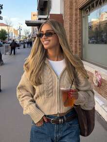 Senya Autumn/Winter New Vintage Oversized Lapel Double Zipper Cable Knit Cardigan, Loose Drop Shoulder Casual Short Commuter Sweater Fall - Khaki - View 2