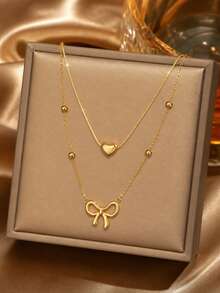 VceTd 2PCS Set Kalung Wanita Elegan Bergaya dari Baja Tahan Karat dengan Liontin Bentuk Hati/Pita, Cocok untuk Pemakaian Sehari-hari, Kencan, atau Hadiah - Yellow Gold - View 4