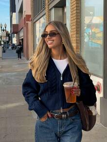 Senya Autumn/Winter New Vintage Oversized Lapel Double Zipper Cable Knit Cardigan, Loose Drop Shoulder Casual Short Commuter Sweater Fall - Navy Blue - View 2