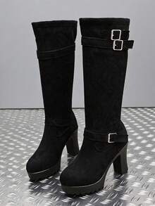 Women Knee High Boots Pull On Buckle Strap Block Heel Round Toe - Black - View 7