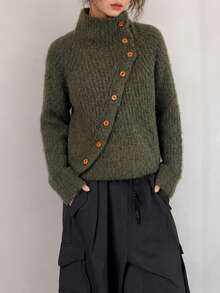Jaket Kardigan Rajut Depan Asimetris Minimalis Kasual Musim Gugur/Dingin Wanita - Dark Green - View 1