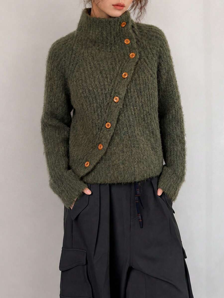 Jaket Kardigan Rajut Depan Asimetris Minimalis Kasual Musim Gugur/Dingin Wanita - Dark Green - View 1