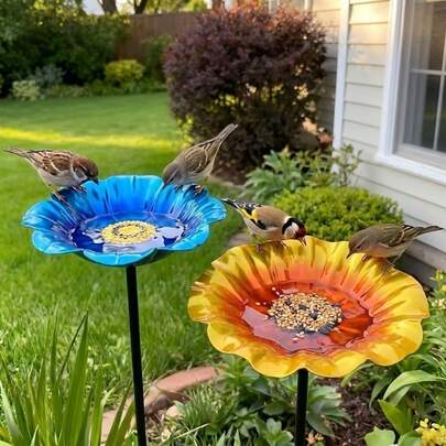 1 pieza Estaca para baño de pájaros, alimentador de pájaros de jardín con forma de flor de metal hecho a mano, decoración estética resistente a la intemperie, estilo vintage desmontable para baño de pájaros al aire libre en césped y patio