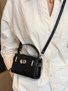 1pc Mini Solid Color Embroidered Pressed Crocodile Texture Square Bag With Turn Lock Flap, Essential Handbag, Shoulder Bag, Crossbody Bag For Shopping And Travel - Multicolor - View 8
