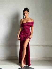 Women's Summer Burgundy Valentine's Day Dress, Cold Shoulder Pleated Slit Party Dress, Elegant For Date, Party, Travel, Vacation And Beach - Burgundy - View 2