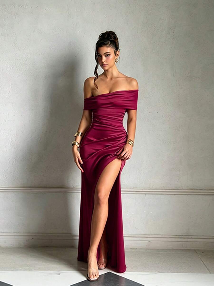 Women's Summer Burgundy Valentine's Day Dress, Cold Shoulder Pleated Slit Party Dress, Elegant For Date, Party, Travel, Vacation And Beach
