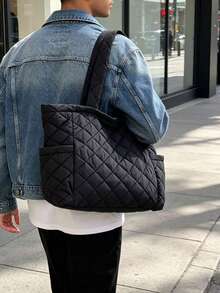 Men Black Quilted Tote Bag Lightweight Padded Shoulder Bag Large Capacity Casual Work Travel Daily Handbag For Men - Black - View 7