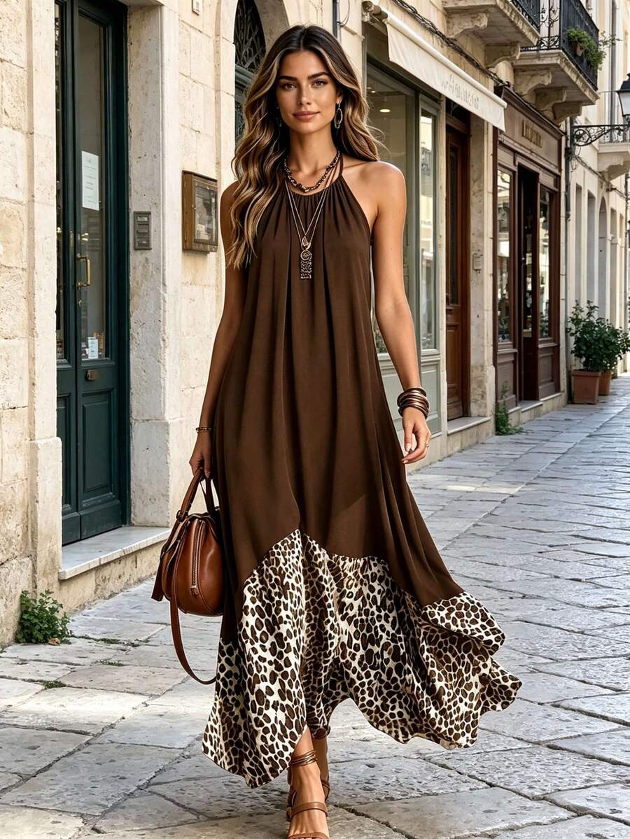HUTENER Chiffon Patchwork Leopard Print Halter Neck Maxi Dress, Sleeveless Cold Shoulder Loose Draped Ruffle Hem, Beach Vacation Elegant Long Dress, Suitable For Island Travel, Evening Party, Photo Shoot - Brown - View 1