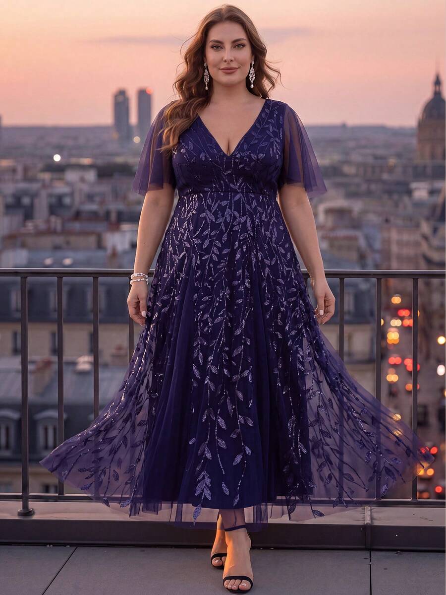EVERPRETTY Plus Size Elegant Butterfly Sleeve Heavy Embroidery Floral Sequin Contrast Mesh Sparkling Formal Evening Gown For Dinner Party Wedding Guest Fall - Purple - View 1