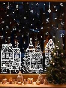 4 Sheets/78 Pieces Christmas Winter House Window Stickers - Cartoon Snowflake & Village Decoration, Reusable PVC Static Cling Stickers, Easy To Apply And Remove, Suitable For Glass Doors, Home, Cafe, Mall Holiday Decor, Festive Home Decoration - White - View 7