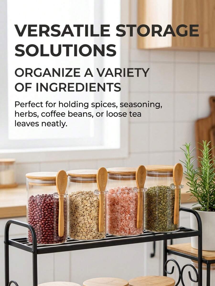 4pcs-With Wood Lids And Glass Seals. Kitchen Accessaries,Kitchen,Spice Jars,Salt And Pepper Set,Small Straight-Sided Storage Jars With Matching Wooden Spoons. Transparent Jars For Easy Content Identification. Suitable For Storing Grains, Tea - Multicolor - View 1
