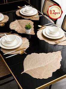 1-12pcs Gold Leaf Vein Heat-Insulated Placemats, Vintage Luxury PVC Asymmetrical Leaf Shape Waterproof Table Mats For Wedding, New Year, Family Gathering Table Decor - Multicolor - View 15
