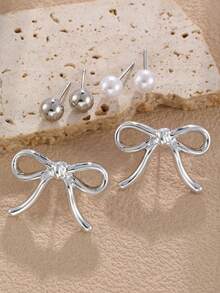 NAIZHU 9 Pairs Kids Fashion Metallic Bow Geometric Faux Pearl Earrings Set, Suitable For Daily Wear, Party Accessories, Gift - Silver - View 3