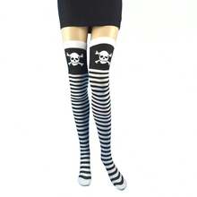 Kaos Kaki Setinggi Paha Motif Kelelawar Halloween, Kaos Kaki Selutut Motif Tengkorak Gaya Gotik Aksesoris Cosplay Halloween - Hitam - View 2